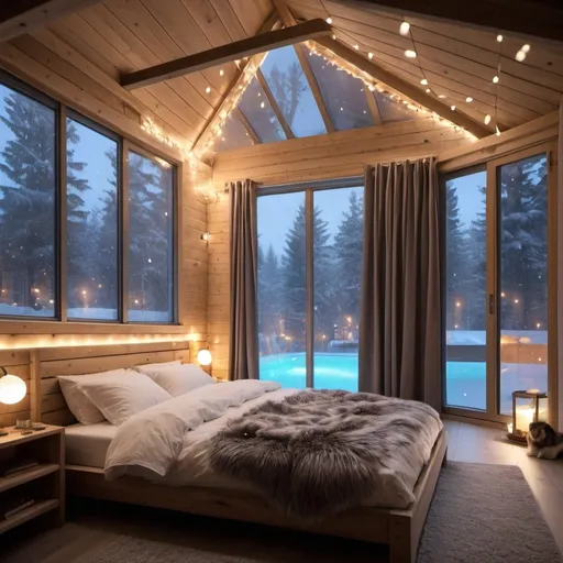 Prompt: Bedroom with cosy bed and cool lights and it is snowing outside with a pool in canadian stile

