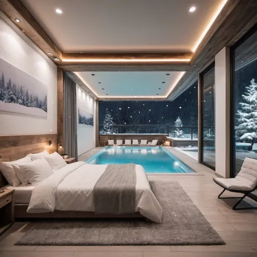 Prompt: a very big Bedroom with cosy bed and cool lights and it is snowing outside with a inside pool in canadian stile

