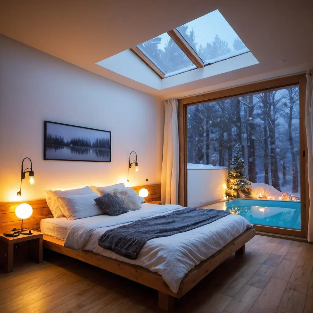 Prompt: Bedroom with cosy bed and cool lights and it is snowing outside with a pool 
