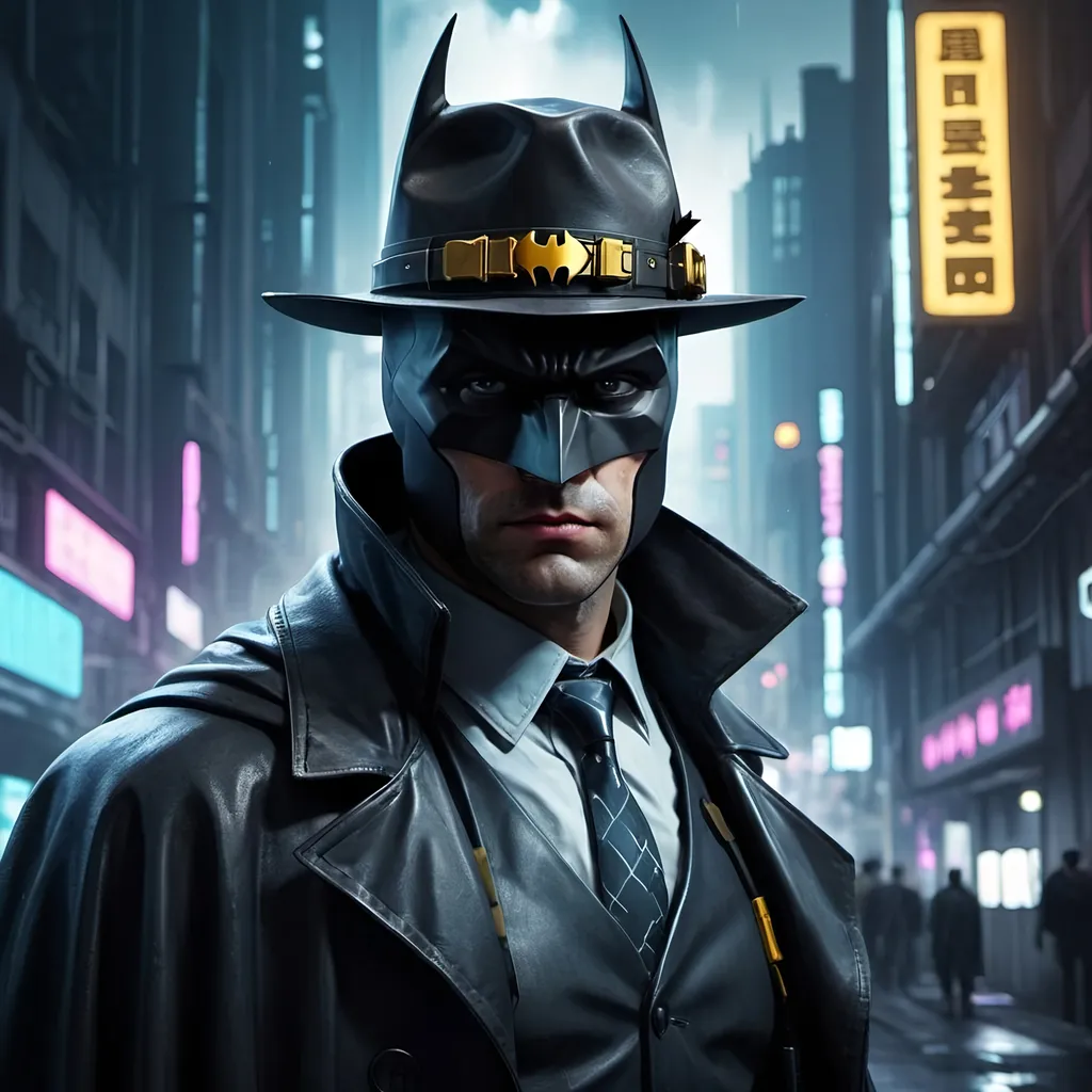 Prompt: make batman with a detective hat in a cyberpunk city