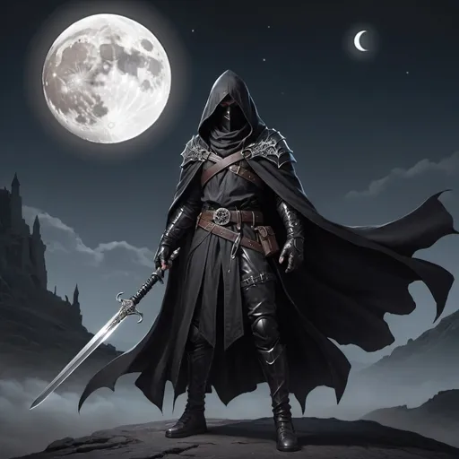 Prompt: black cloak assassin, with a silver sword in hand, moon in background 