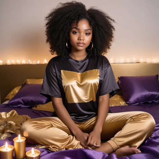 Prompt: cute african girl with long afro black hair wearing oversized black double layered satin t-shirt, short sleeve, sitting on bed, gold and purple puffy satin blanket with floral print, satin pillows, silky soft and shiny, soft candle lighting, gold satin lining