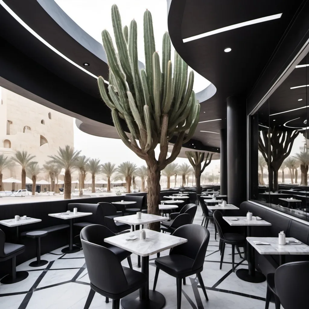 Prompt: The modern design of the interior of an outdoor cafe in Dubai, the design of the cafe is inspired by the architectural design of neo-futurism, and the color of the cafe design is black and silver, and the design is inspired by the design of the Dubai Museum, which is designed by Zaha Hadid, and there is a tree in the middle of the cafe. It should be a cactus and small cactuses should be placed in the corners of the cafe and a part of the cafe should be designed from marble.