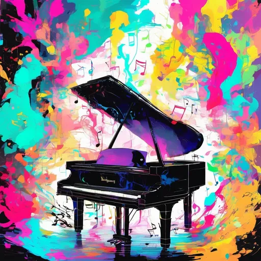 Prompt: (vibrant inkpunk style photo), (colored vertical piano), musical notes flowing all around, rich color saturation, dynamic composition, whimsical ambiance, high contrast, dramatic lighting, energetic feel, ultra-detailed, visually striking elements, vivid and artistic ink patterns, harmonious integration of music and art, imaginative surrounding, creative atmosphere, captivating visual storytelling.