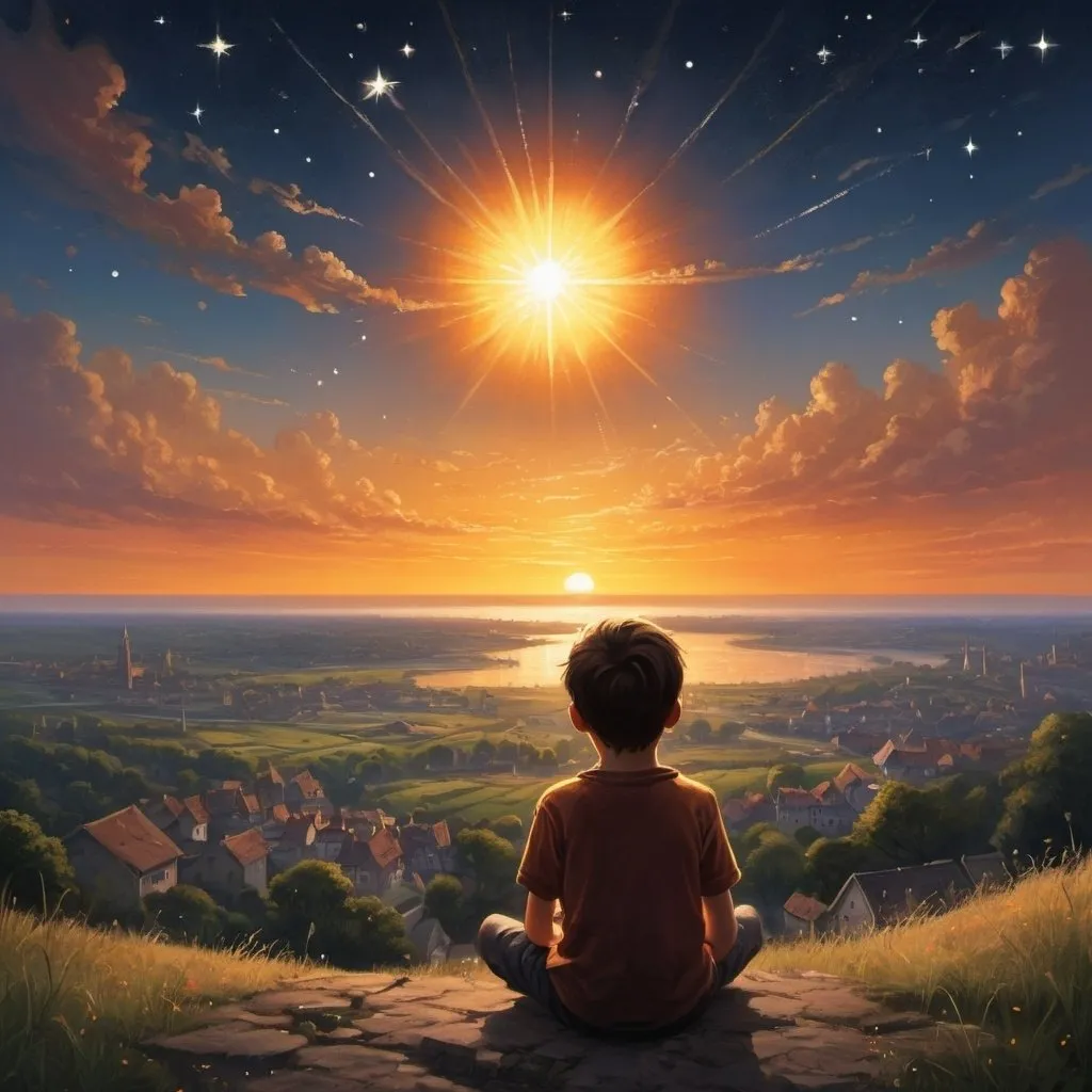 Prompt: A sunset in the distance ,its light all around, the while  a barrage of stars gracefully fall in the distance,while a young boy stares at the bright sun setting on the largest horzin with a town poking at �he sun in the boys view,the world about to end but at peace