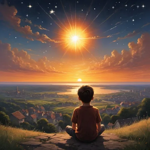 Prompt: A sunset in the distance ,its light all around, the while  a barrage of stars gracefully fall in the distance,while a young boy stares at the bright sun setting on the largest horzin with a town poking at �he sun in the boys view,the world about to end but at peace