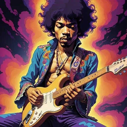 Prompt: Jimi hendrix playing guitar psychedelic anime  