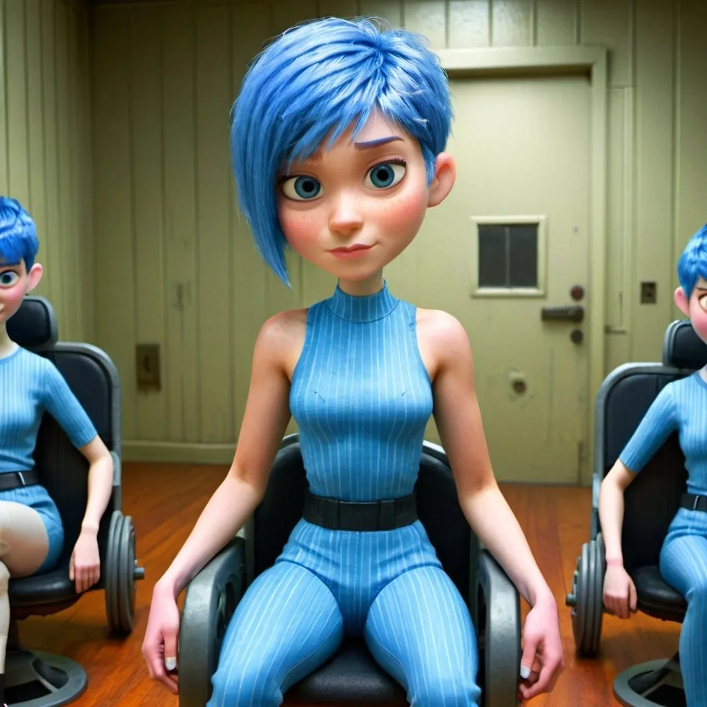 Prompt: Pixie cut blue hair female prisoner electric chair execution helmet wired gym clothes