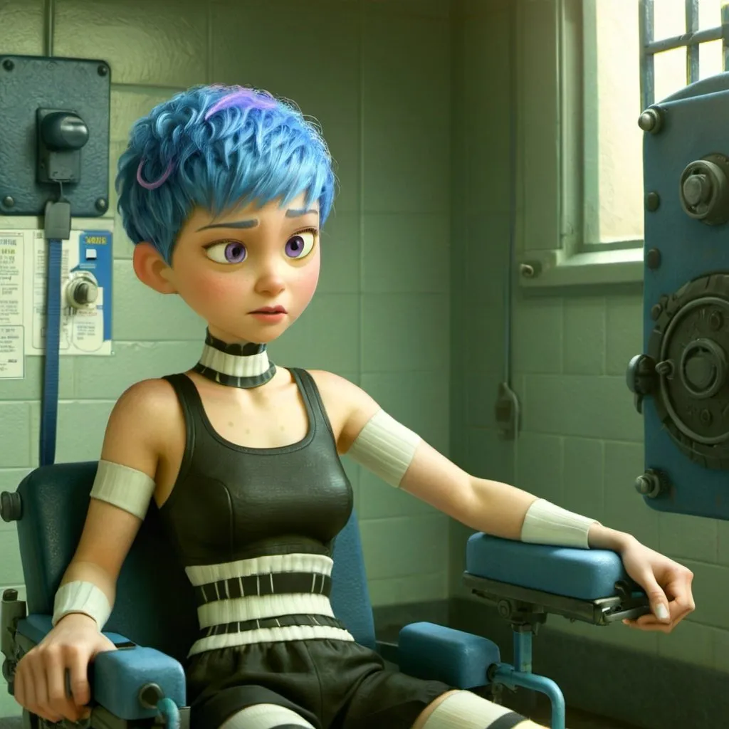 Prompt: Pixie cut blue hair female prisoner electric chair execution helmet wired gym clothes