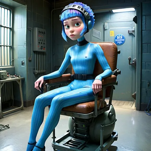 Prompt: Pixie cut blue hair female prisoner electric chair execution helmet wired unitard