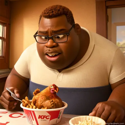 Prompt: Black guy eating chicken obese puke kfc