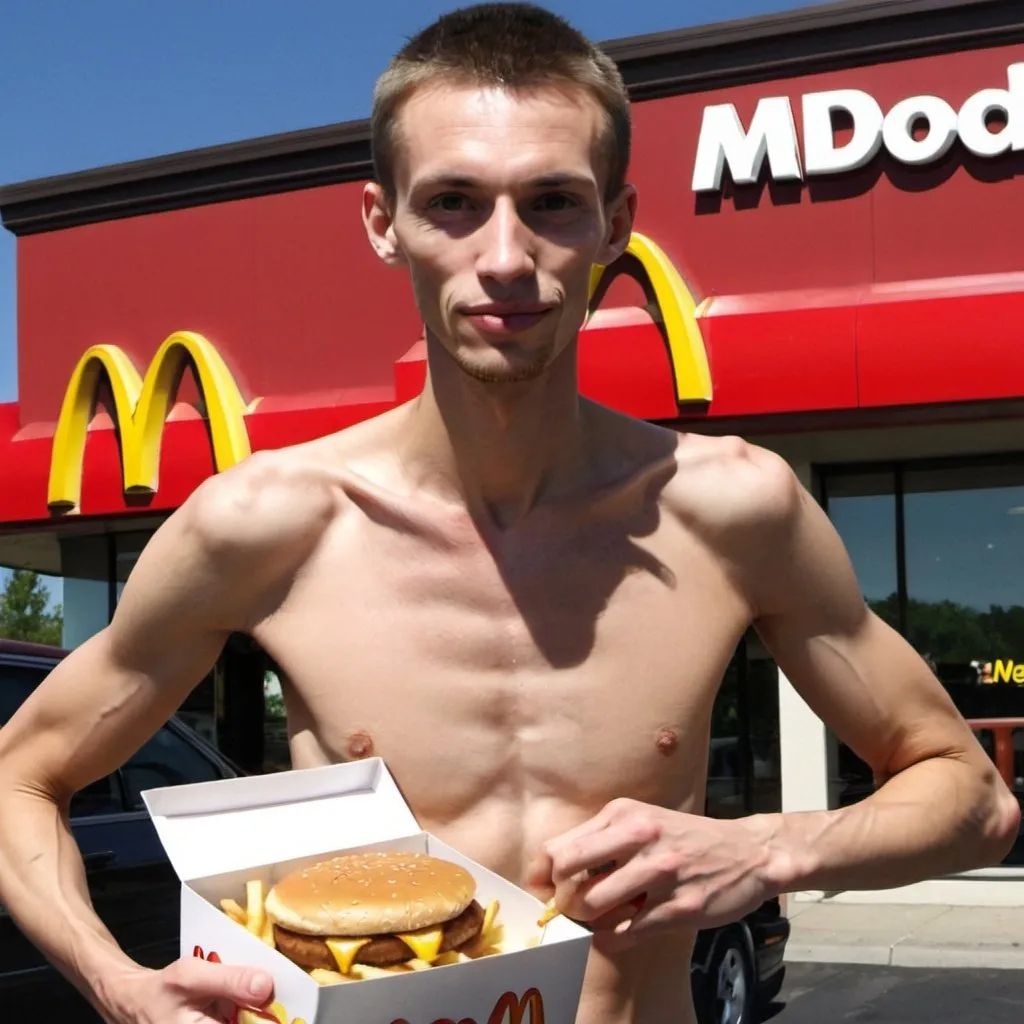 Prompt: Now the skinny man starts eating mcdonalds