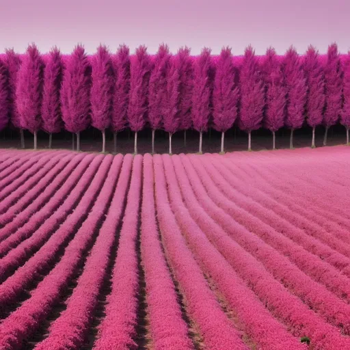 Prompt: Lines of berries in a pink field and purple trees