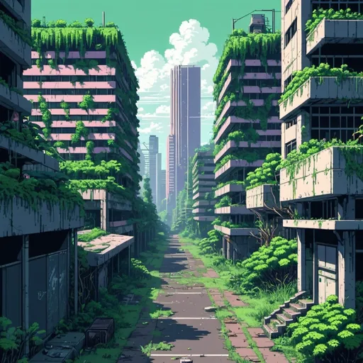 Prompt: An 80's aesthetic city, overgrown with greenery, abandoned buildings and far in the future when an industrious corporation rules each district. Anime style. Pixel-art.