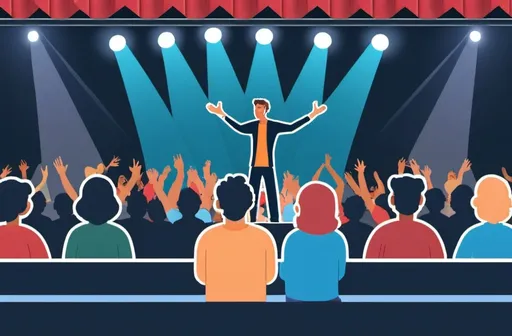 Prompt: A illustration image of meet-and-greet event that a actor on the stage with spotlight, and numerous fans sit face to stage