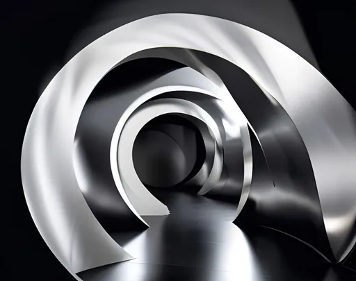 Prompt: A dark, swirling tunnel curves inward, leading the eye toward a stark white circular opening at the center. The smooth, glossy black surface creates a dramatic contrast with the bright focal point, while subtle textures and reflections hint at metal contours within the spiral. The shadowy tones and sleek design evoke a sense of mystery and tension, reminiscent of classic cinematic themes, particularly in the context of suspense or intrigue. The overall composition draws viewers into an enigmatic abyss, suggesting themes of danger or adventure.