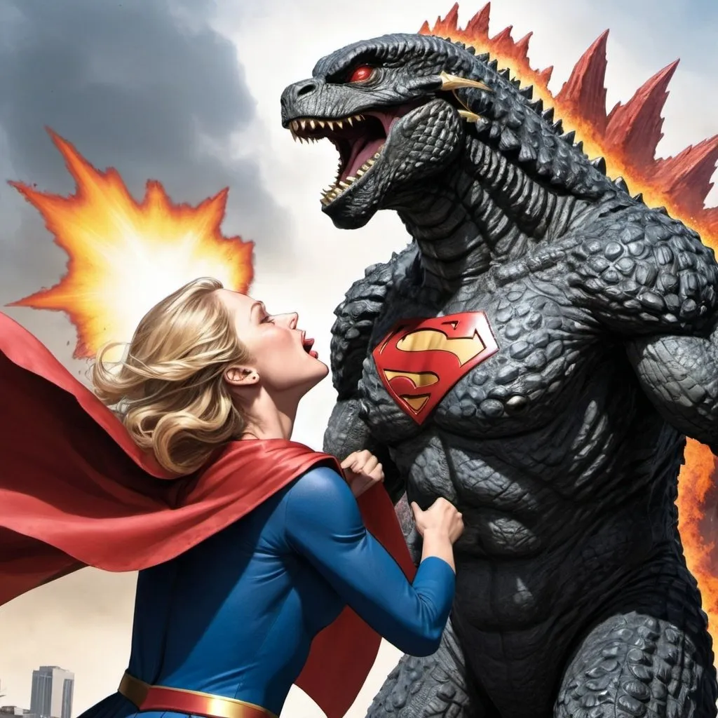 Prompt: Godzilla killed supergirl by his atomic breath 