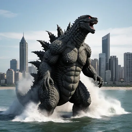 Prompt: Godzilla rised out of the sea front of city