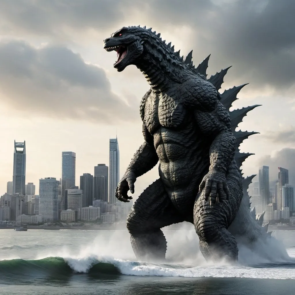 Prompt: Godzilla rised out of the sea front of city