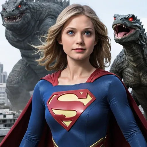 Prompt: Supergirl do laser on   her. Eyes on Godzilla 