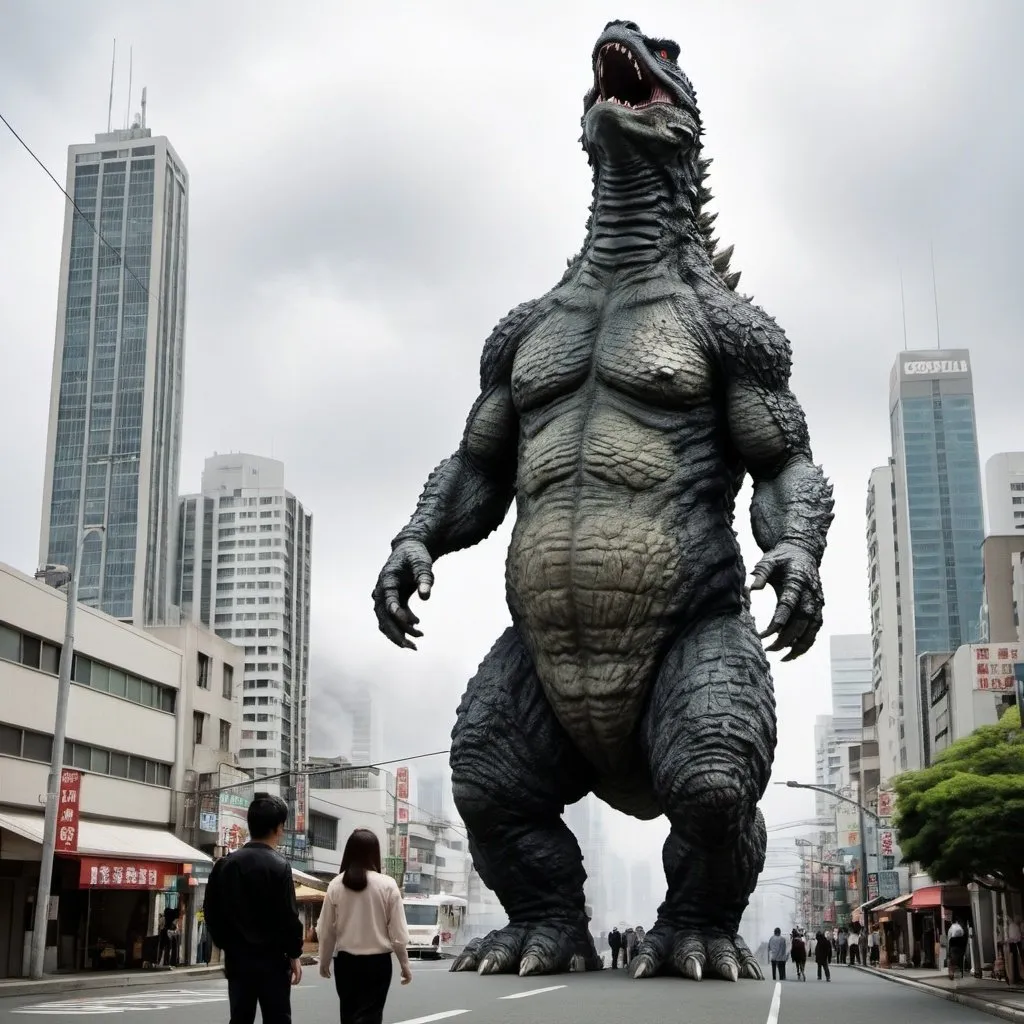 Prompt: People fears in city of Godzilla foot