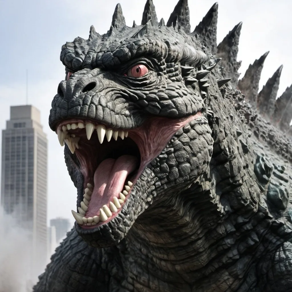 Prompt: Godzilla do atomic breath in his mouth 