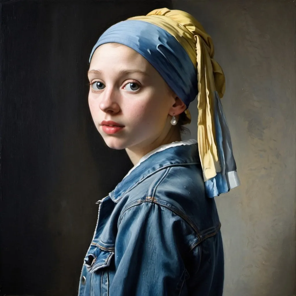 Prompt: A painting of "The girl with the pearl earring", the girl wearing the denim jacket, by Johannes Vermeer