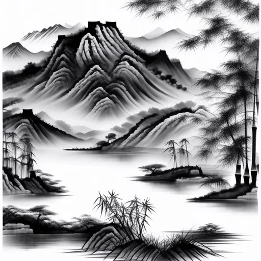Prompt: Chinese water painting, with mountain, tree bamboo, lake, black and white
