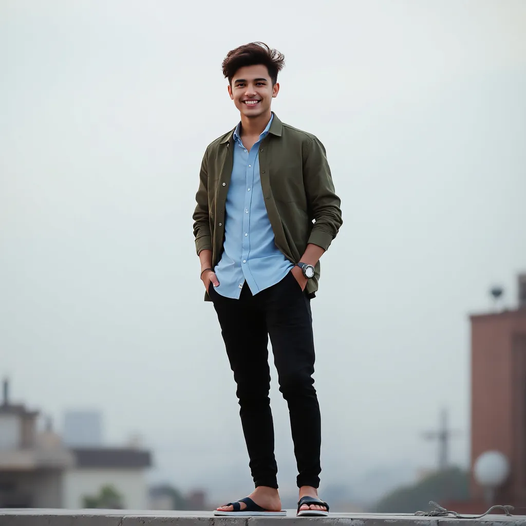 Prompt: Standing confidently on a rooftop, a young man showcases a casual yet stylish outfit, wearing a light blue shirt under an olive green jacket. His black pants and open-toed sandals contribute to a relaxed look, while his friendly smile radiates warmth and approachability. The background features a soft, hazy sky with muted colors, hinting at either dusk or dawn, creating a serene atmosphere. The composition draws the viewer's eye to his vivid expression and dynamic pose, emphasizing a sense of youthful exuberance and confidence in an urban setting. The overall mood reflects a blend of casual charm and carefree enjoyment of the moment.