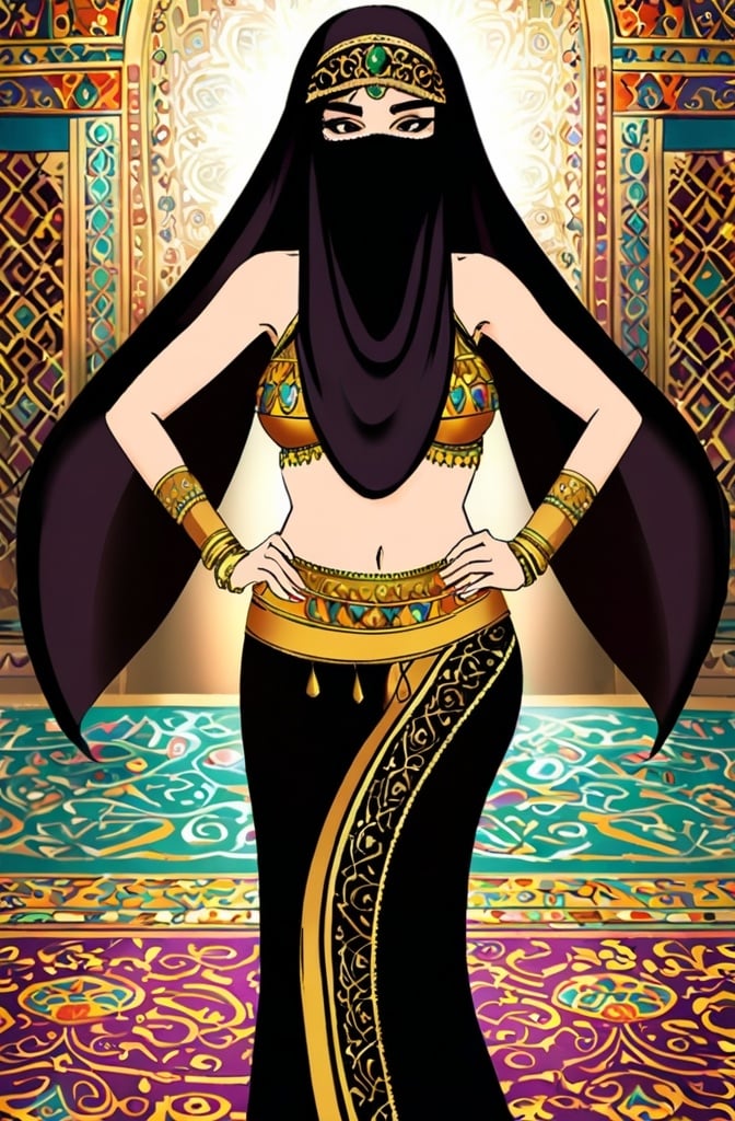 Prompt: Make me look like a Arabian belly dancer with a face covering veil