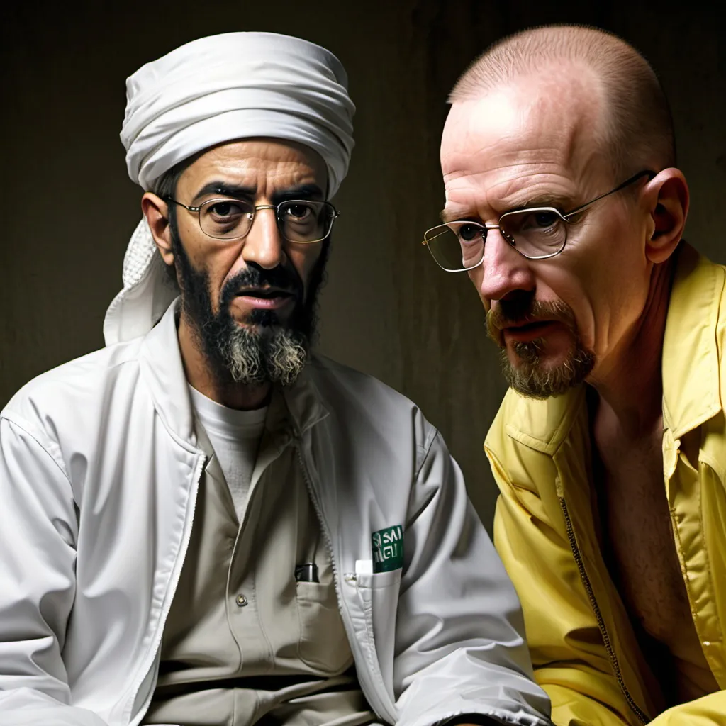 Prompt: Osama bin Laden having a conversation with Walter white from breaking bad