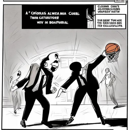Prompt: Two california lawyers went to court over a bouncing basketball. One sued the other who was dribbling the ball in the driveway and disturbing him. Make it a comic.