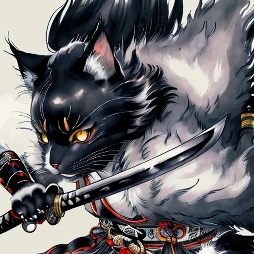 Prompt: Cat samurai, traditional Japanese ink painting, ancient temple backdrop, detailed fur with elegant strokes, fierce and determined gaze, katana sword in hand, traditional samurai armor, misty atmosphere, high quality, ink painting, traditional, elegant fur details, fierce expression, katana sword, samurai armor, ancient temple, misty atmosphere