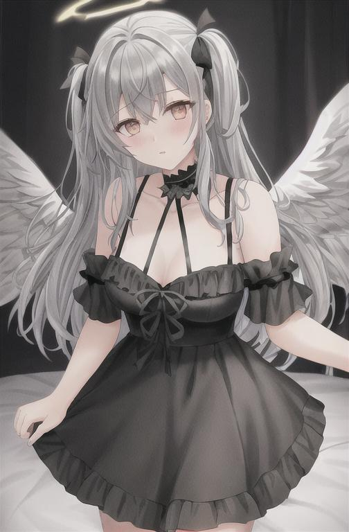 Prompt: Female fallen angel with gray angel wings and a grey broken halo, black dress