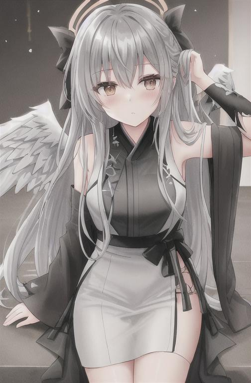 Prompt: Female fallen angel with gray angel wings and a grey broken halo, long black Japanese styled dress, shrine background