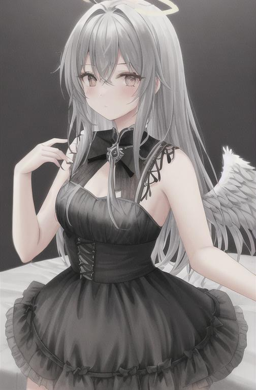 Prompt: Female fallen angel with gray angel wings and a grey broken halo, black dress