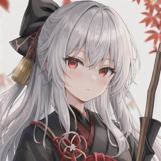 Prompt: Black bow, arrows, human, Taishō era, beautiful haori, Japanese styled outfit, silver hair, red eyes