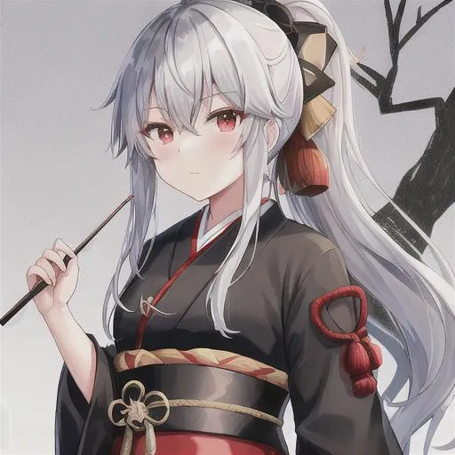 Prompt: Black bow, arrows, human, Taishō era, beautiful haori, Japanese styled outfit, silver hair, red eyes