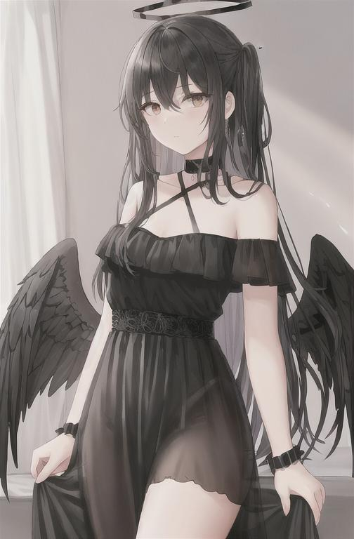 Prompt: Female fallen angel with black angel wings and a black broken halo, long black dress, beautiful, black hair, light brown eyes