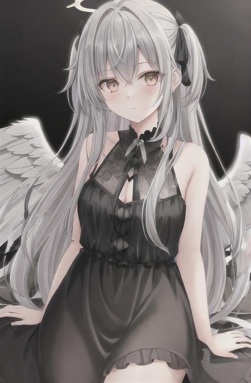 Prompt: Female fallen angel with gray angel wings and a grey broken halo, black dress