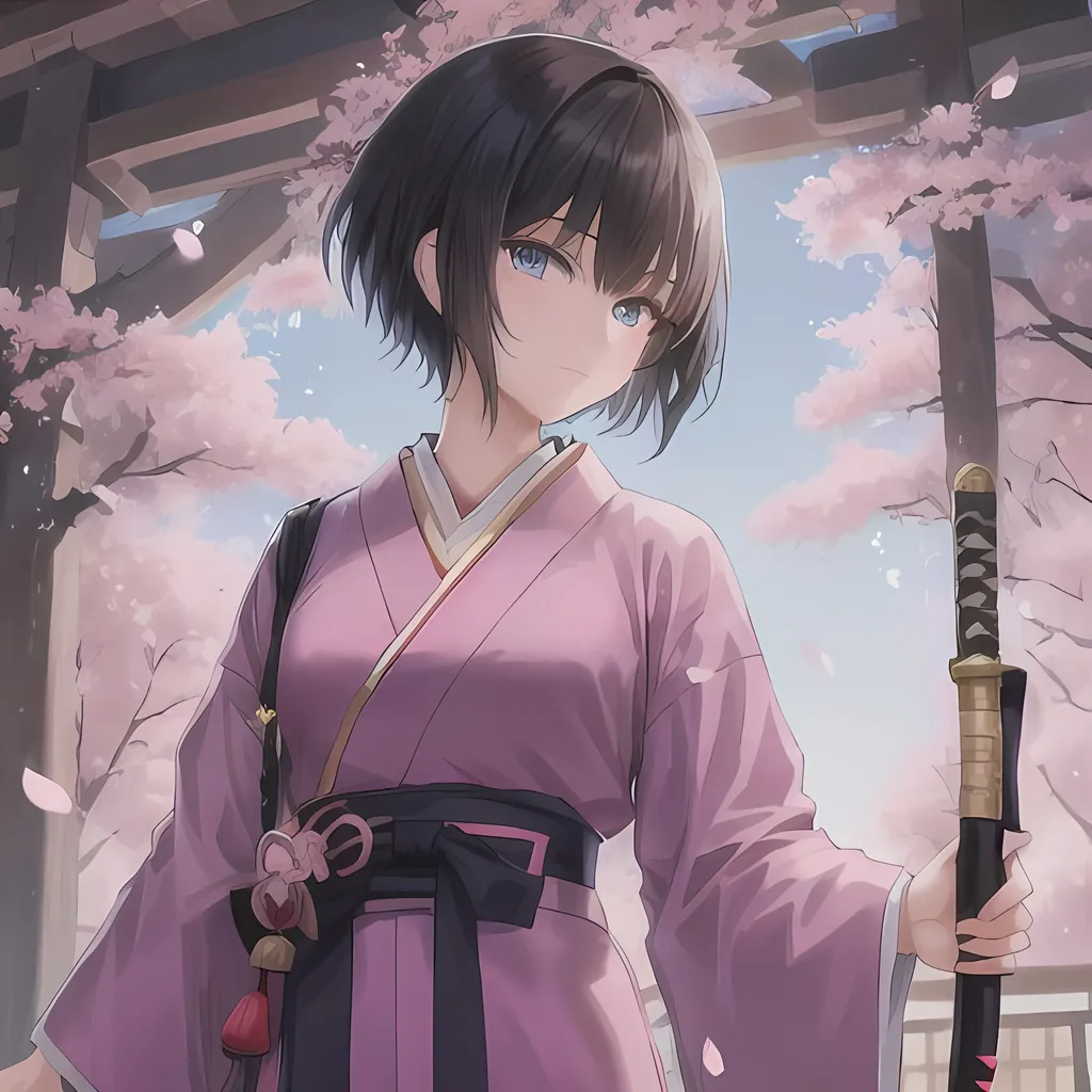 Prompt: Human girl in the Taishō era who has short, black hair in a pixie cut with blue eyes and is wearing a Japanese styled outfit that’s inspired by the outfit the hashiras wear in demon slayer and she’s holding a glowing pink katana with Sakura petals with the girl facing the camera