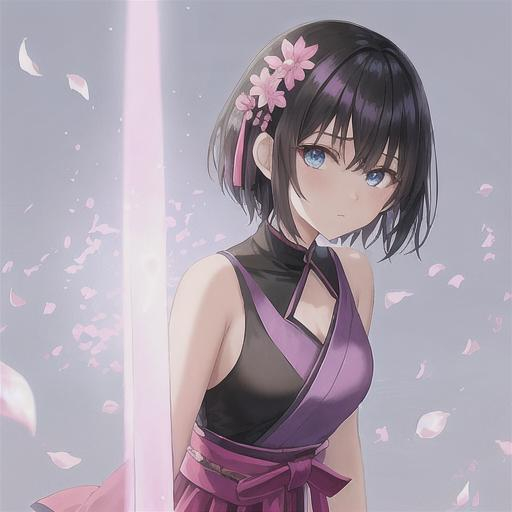 Prompt: Human girl in the Taishō era who has short, black hair in a pixie cut with blue eyes and is wearing an outfit that’s inspired by the outfit the hashiras wear in demon slayer and she’s holding a glowing pink sword with Sakura petals with the girl facing the camera