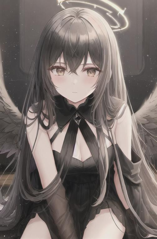 Prompt: Female fallen angel with black angel wings and a black broken halo, long black dress, beautiful, black hair, light brown eyes