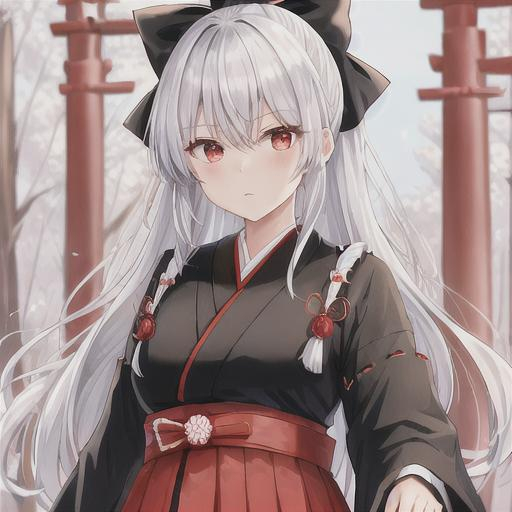 Prompt: Black bow, arrows, human, Taishō era, beautiful haori, Japanese styled outfit, silver hair, red eyes