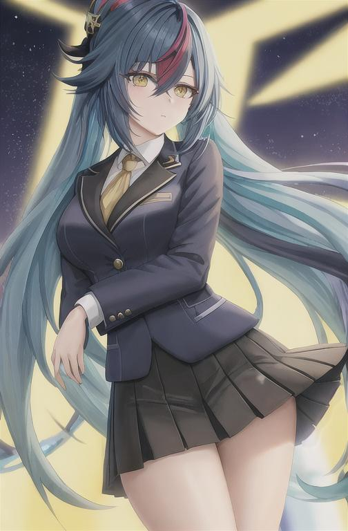 Prompt: Anime girl wearing a suit, long blue hair with black streak, green right eye, yellow left eye with star pupil, Genshin impact inspired