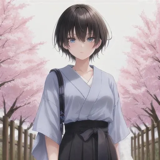 Prompt: Human girl in the Taishō era who has short, black hair in a pixie cut with blue eyes and is wearing an outfit that’s inspired by the outfit the hashiras wear in demon slayer and she’s holding a glowing pink sword with Sakura petals with the girl facing the camera