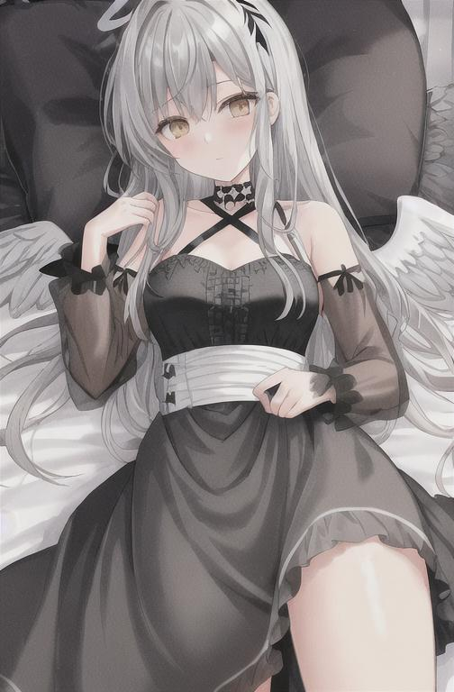 Prompt: Female fallen angel with gray angel wings and a grey broken halo, black dress