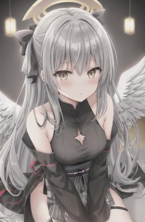 Prompt: Female fallen angel with gray angel wings and a grey broken halo, long black Japanese styled dress, shrine background
