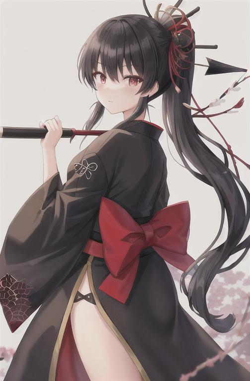 Prompt: Black bow, arrows, human, Taishō era, beautiful haori, demon slayer inspired outfit, Japanese styled outfit