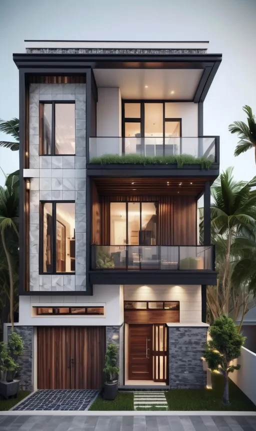 Prompt: aerial view, tilt-shift, isometric world, detailed landscape world render with 22'x35' house, double story and front 22' wide with windows on front, left and back side, right side with no windows, finishes in modern lines with black and wood style tiles and marbles etc

